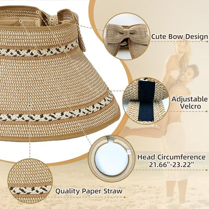 Sun Hats for Women Wide Brim Straw Sun Visors Ponytail Hat - color: Coffee Mix
