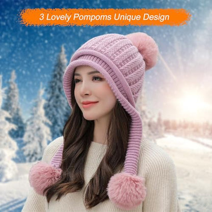 HUAMULAN Women Winter Knit Beanie Hat Circle Scarf Set Pompoms Ear Flaps - color: Mauve Pink