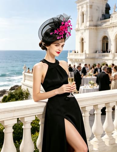 Z&X Sinamay Fascinator Hat Floral Feather Pillbox Derby Hats for Women Wedding Tea Party with Headband Clip - color: 003 Black