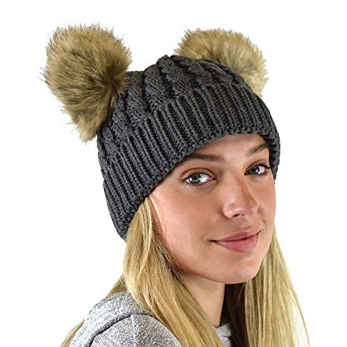 C.C 2 Ear Pom Pom Cable Knit Soft Stretch Cuff Skully Beanie Hat - color: Faux Fur Dark Melange Gray