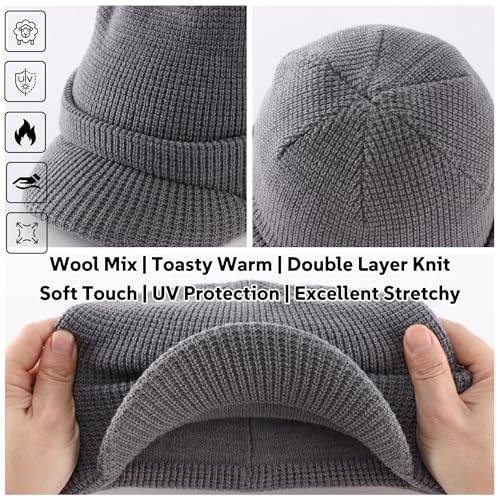 Home Prefer Mens Wool Blend Winter Hat Double-Layer Warm Knit Pre-Curve Visor Beanie Brimmed Beanies Hat for Men Women - color: Grey