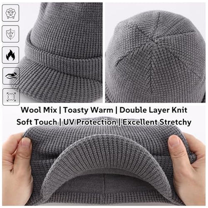 Home Prefer Mens Wool Blend Winter Hat Double-Layer Warm Knit Pre-Curve Visor Beanie Brimmed Beanies Hat for Men Women - color: Grey