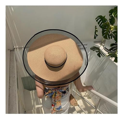 Womens Mens Wide Brim Straw Panama Hat Beach Sun Hat Summer Wide Brim Straw Roll up Hat Fisherman's UPF 50 - color: +Khaki