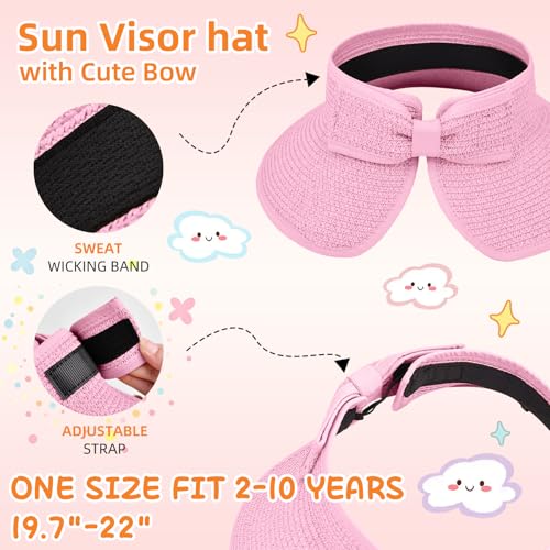 Girls Sun Visor Hat with Ponytail Hole Wide Brim Beach Straw Visor UPF 50+ - color: 1pack-pink