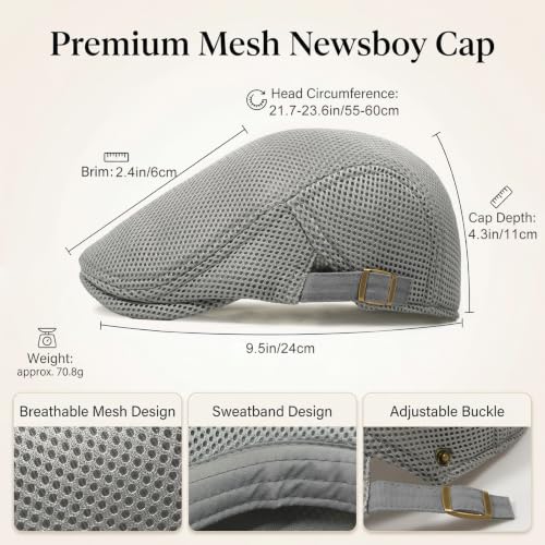 Initlove Mens Mesh Newsboy Cap Breathable Beret Ivy Hat Cabbie Driving Hats for Women - color: Light Grey