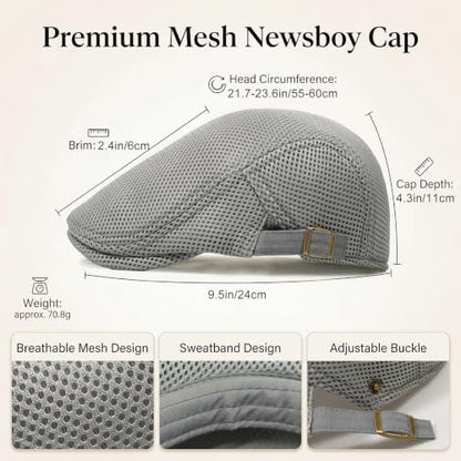 Initlove Mens Mesh Newsboy Cap Breathable Beret Ivy Hat Cabbie Driving Hats for Women - color: Light Grey