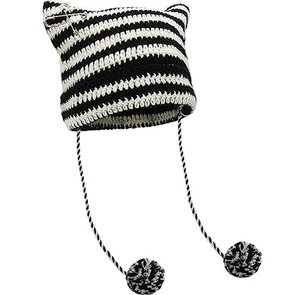 XYIYI Crochet Hats for Women Fox Knit Hat with Pompoms Grunge Goth Accessories Slouchy Beanies for Women Girls - color: Black White