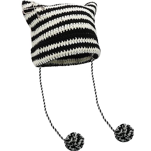 XYIYI Crochet Hats for Women Fox Knit Hat with Pompoms Grunge Goth Accessories Slouchy Beanies for Women Girls - color: Black White