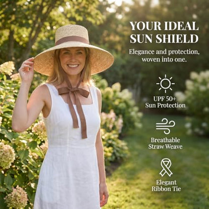 Women Wide Brim Straw Hat with Chin Strap Summer Sun UV Sun Protection Beach Hat Wind Lanyard