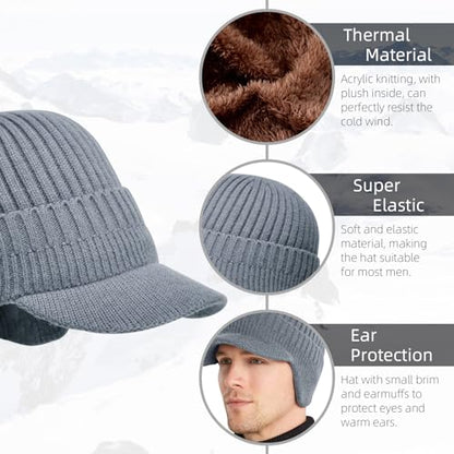 Men's Winter Hat with Brim, Warm Earflaps Hat for Men, Thick Fleece Lined Knit Winter Beanie Outdoor - color: Grey