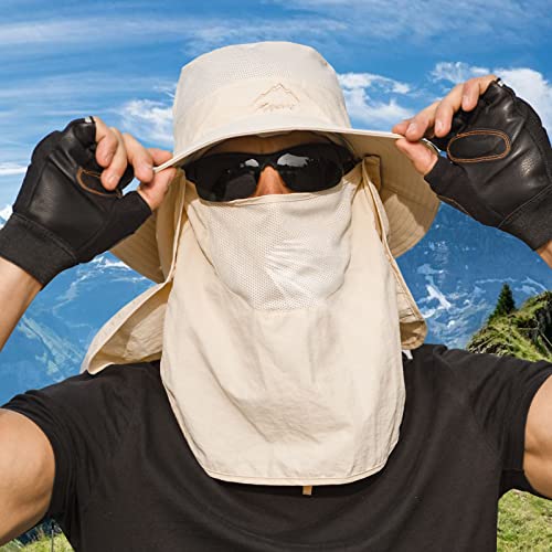 Fishing Hat for Men Sun Protection Hat with Removable Neck Flap Face Cover - color: Khaki