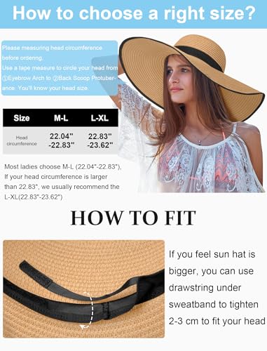 Floppy Sun Hats for Women, Summer Wide Brim Straw Beach Hat - color: Khaki Black, size: Large