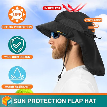 SUN CUBE Wide Brim Sun Hat with Neck Flap for Men Women, UPF50+ Fishing - color: Black