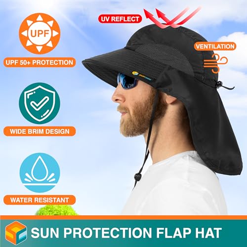 SUN CUBE Wide Brim Sun Hat with Neck Flap for Men Women, UPF50+ Fishing - color: Black
