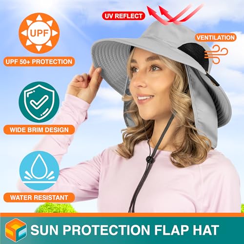SUN CUBE Wide Brim Sun Hat for Men & Women, UPF 50+ UV Protection, Mesh Boonie Hat with Chin Strap, Fishing Hiking Hat - color: Light Grey With Flap