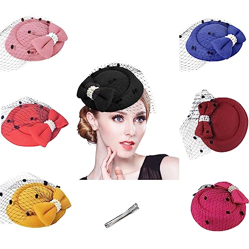 Fascinators Hats Pillbox Hat for Girl and Women - color: Black-fascinator With Bowknot Veil