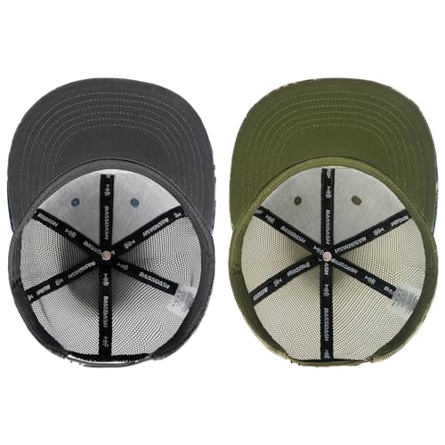 BASSDASH 2 Pack Flat Brim Trucker Cap Adjustable Snapback Hat Mesh Back for Men Women Fishing Hunting - color: Pack of 2, Shark Camo & Palm Tree Camo