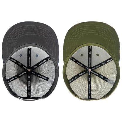 BASSDASH 2 Pack Flat Brim Trucker Cap Adjustable Snapback Hat Mesh Back for Men Women Fishing Hunting - color: Pack of 2, Shark Camo & Palm Tree Camo
