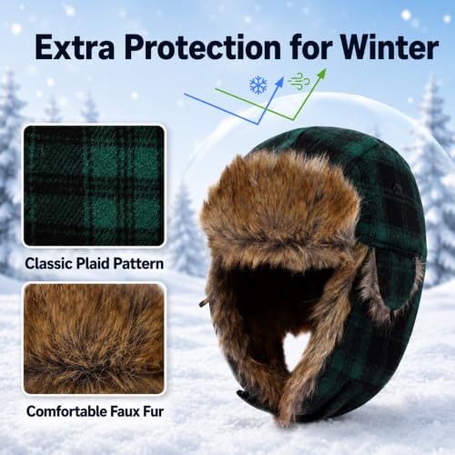 Kids Winter Trapper Hat Toddler Outdoor Warm Windproof Ushanka Aviator Hat Sherpa Fleece Lined Ski Cap for Boys Girls 1T-8T - color: Green Plaid, size: 5-8 Years
