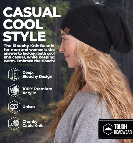 Tough Headwear Slouchy Oversized Beanie Hat - Warm Winter Hats for Women - Stretch Fit Mens Beanie - color: Black
