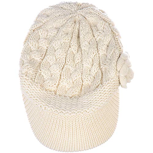 BYOS Womens Winter Chic Cable Warm Fleece Lined Crochet Knit Hat W/Visor Newsboy Cabbie Cap - color: Cable W/ Flower Ivory