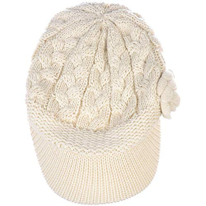 BYOS Womens Winter Chic Cable Warm Fleece Lined Crochet Knit Hat W/Visor Newsboy Cabbie Cap - color: Cable W/ Flower Ivory