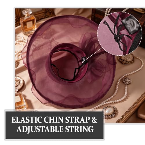 AQOKKA Women Organza Church Fascinators Kentucky Derby Hats for Women and Girls Wedding Flower Tea Party Hat with Wide Brim - color: Burgundy