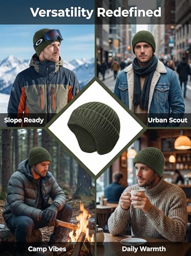Winter Beanie for Men Women with Earflap, Fleece Lined Beanie Soft Warm Knit Hat Ski Stocking Cuffed Cap - color: Army Green