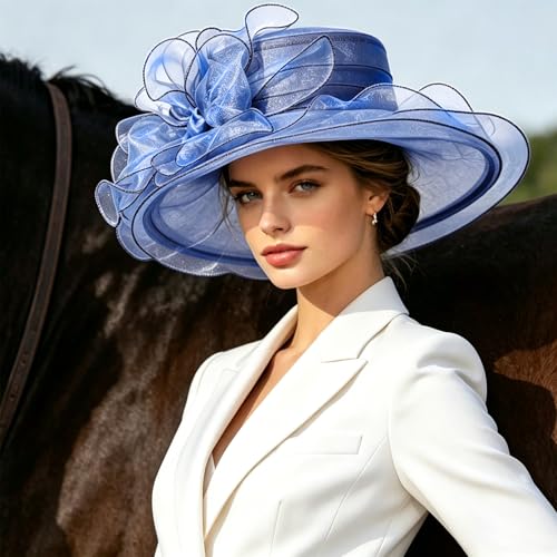 DRESHOW Women Organza Hat Church Cap Hats Clearance Kentucky Derby Cocktail Tea Party Wedding Flower Hat with Wide Brim - color: Bow Hat: Navy