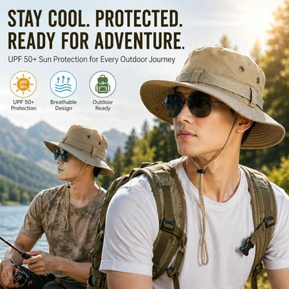 Taeku Sun Hat, Unisex Wide Brim Bucket Hat Sun Protection Cap Breathable Boonie Hat for Fishing Hiking Gardening Safari - color: Light Khaki