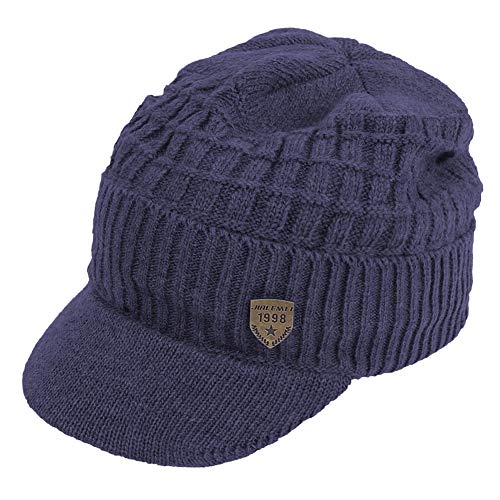 Original One Winter Wool Knitted Chunky Visor Beanie Hat with Brim Fur Lined Peaked Ski Cap - color: Blue