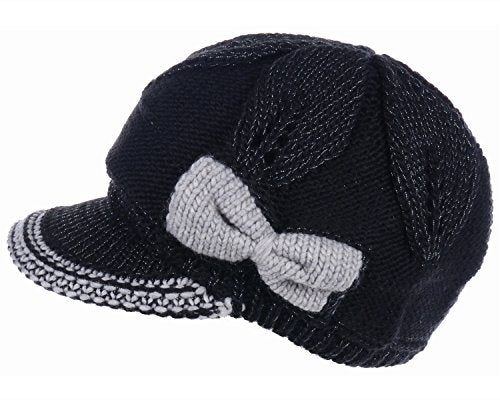 BYOS Womens Winter Chic Cable Warm Fleece Lined Crochet Knit Hat W/Visor Newsboy Cabbie Cap - color: Contrast Bow Black