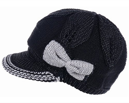 BYOS Womens Winter Chic Cable Warm Fleece Lined Crochet Knit Hat W/Visor Newsboy Cabbie Cap - color: Contrast Bow Black