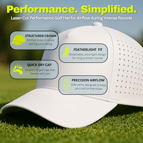 Funky Junque Mens High Crown Golf Hat, Performance Golf Cap - color: White