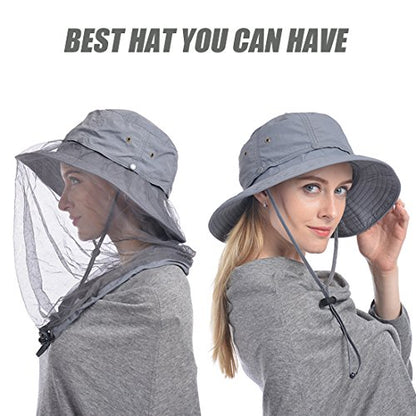 USHAKE Head Net Hat, Safari Hat Sun Hat Bucket Hat with Hidden Net Mesh - color: Grey