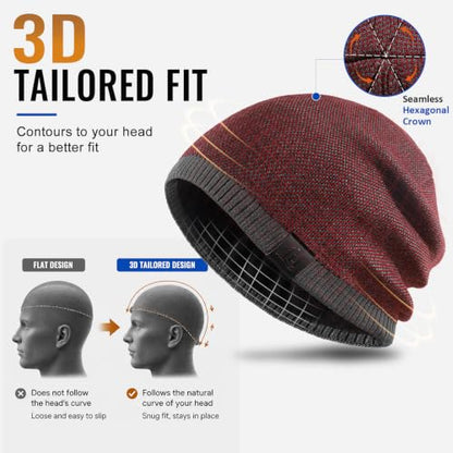 Fleece Lined Mens Beanie Scarf Set Thick Knit Winter Hat Neck Warmer Unisex - color: Wine Red