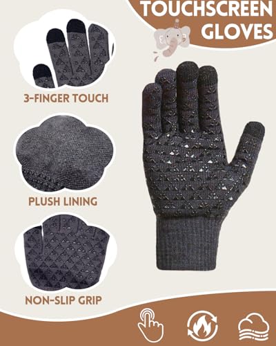 Kids Winter Beanie Hat Scarf Gloves Set 4-10Y, Knit Hat With Earmuffs Neck Gaiter Fleece Lined Touchscreen Gloves Boys Girls - color: Grey