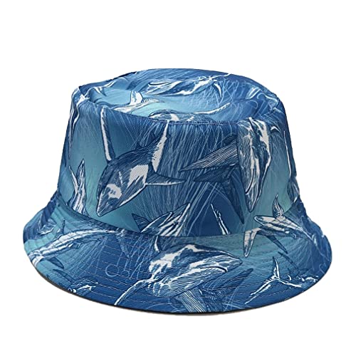 Quanhaigou Bucket Hat for Men Women,Packable Reversible Printed Sun Hats,Fisherman Outdoor Summer Travel Hiking Beach Caps - color: Blue Shark