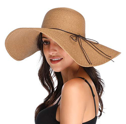 Lanzom Womens Wide Brim Straw Hat Big Floppy Foldable Roll up Cap Beach Sun Hat UPF 50+ - color: String-khaki