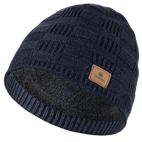 Ocatoma Winter Beanie Warm Knit Hat for Men Fleece Lined Cuffless Cap - color: Navy