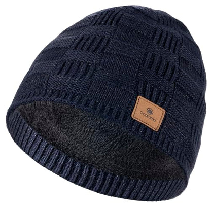 Ocatoma Winter Beanie Warm Knit Hat for Men Fleece Lined Cuffless Cap - color: Navy