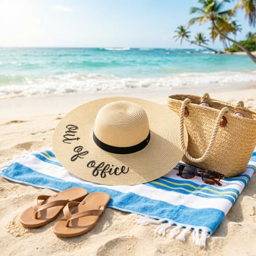 DRESHOW Big Straw Sun Hats for Women Floppy Foldable Roll up Beach Cap Sun Hat UPF 50+ Vacation Honeymoon Embroidered Hat - color: Ae Out of Office: Beige