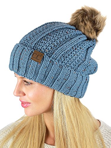 C.C Thick Cable Knit Faux Fuzzy Fur Pom Fleece Lined Skull Cap Cuff Beanie - color: Confetti Denim
