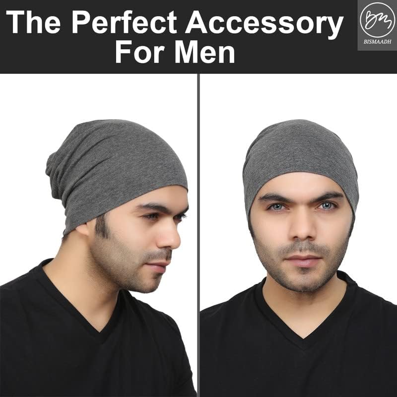 BISMAADH Unisex Soft Cotton Fashion Slouchy Beanie Headwear Skull Hair Cover Sleep Cap Hat for Frizzy Natural Curly Hair - color: Milange Dark Grey