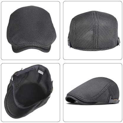 meioro Mens Breathable Mesh Summer Hat Adjustable Flat Cap Newsboy Beret Ivy Cap Irish Cabbie Fishing Hats - color: Darkgrey