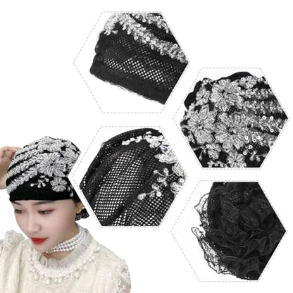 haozaikeji Women Flower Turban Hat Rhinestones Muslim Islamic Head Wrap African Pearl Turban Soft Stretchy Head Cover - color: Black-gold