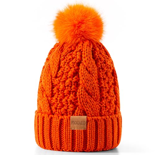 Women's Winter Pompom Beanie Warm and Cozy Knit Hat Fleece Lining Skull Cap for Women - color: Orange