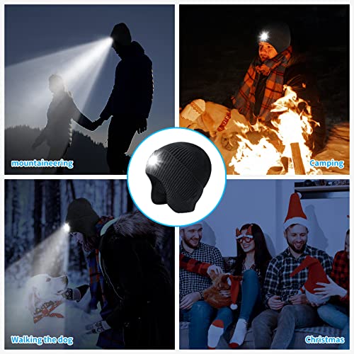 Mens Gifts Beanie Hat with Light, USB Rechargeable LED Headlamp Hat, Unisex Winter Hats Warm Knitted Earflap Beanie Stocking Stuffers for Women Men (Black) - color: Black Adult