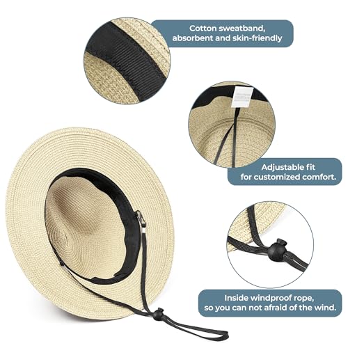 Sun Hat Straw Fedora Hats for Men Women Beach Hat Panama Hat Men Wide Brim Summer Hats UPF80+ - color: Beige, size: Medium