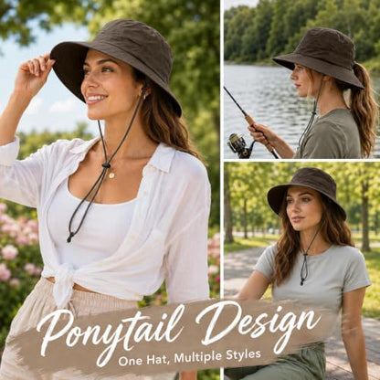 Womens Ponytail Sun Hat UPF50+ Waterproof Bucket Hat Packable Beach Hat - color: Coffee